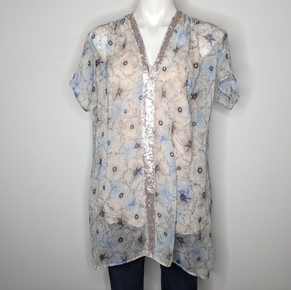 ✨3/$15 Anthro One September blue cream floral sequin accented blouse XS - Picture 1 of 10